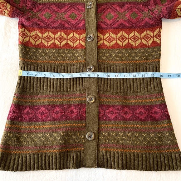 Eddie Bauer Olive Green, Burgundy & Rust Fair Isle Cardigan Sweater - Picture 8 of 10